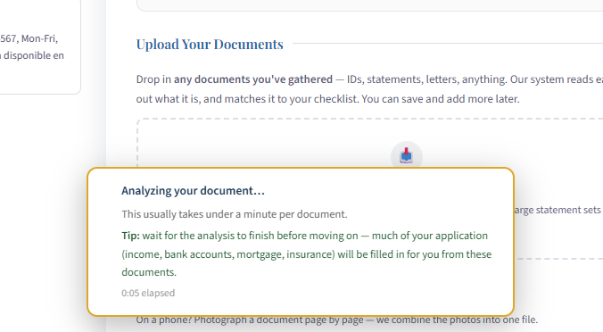 Analyzing your document notice explaining that income, bank, mortgage, and insurance details will be filled in from the upload
