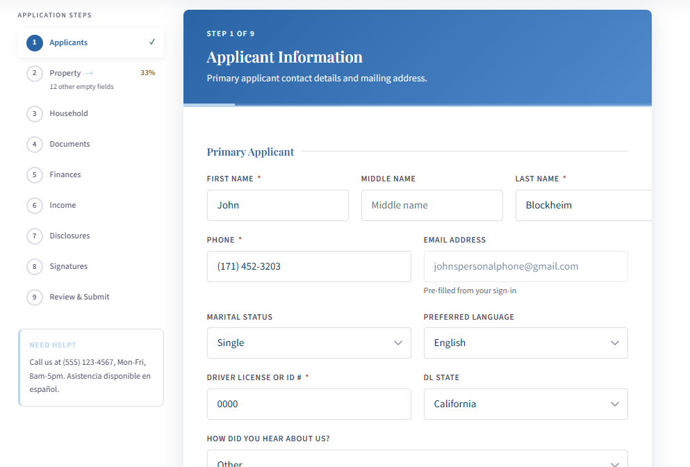 Guided application step 1 of 9, Applicant Information, with a numbered step list and progress on the left