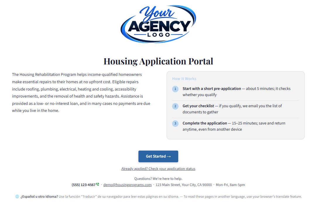 Agency landing page with a custom logo, a Housing Application Portal title, program description, a three-step How It Works panel, and a Get Started button